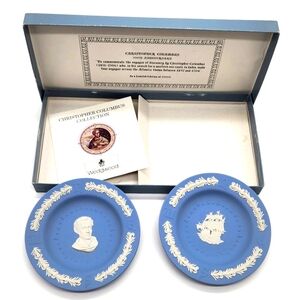 Vtg. Wedgwood Blue Jasperware Santa Maria & Christopher Columbus Plate Set